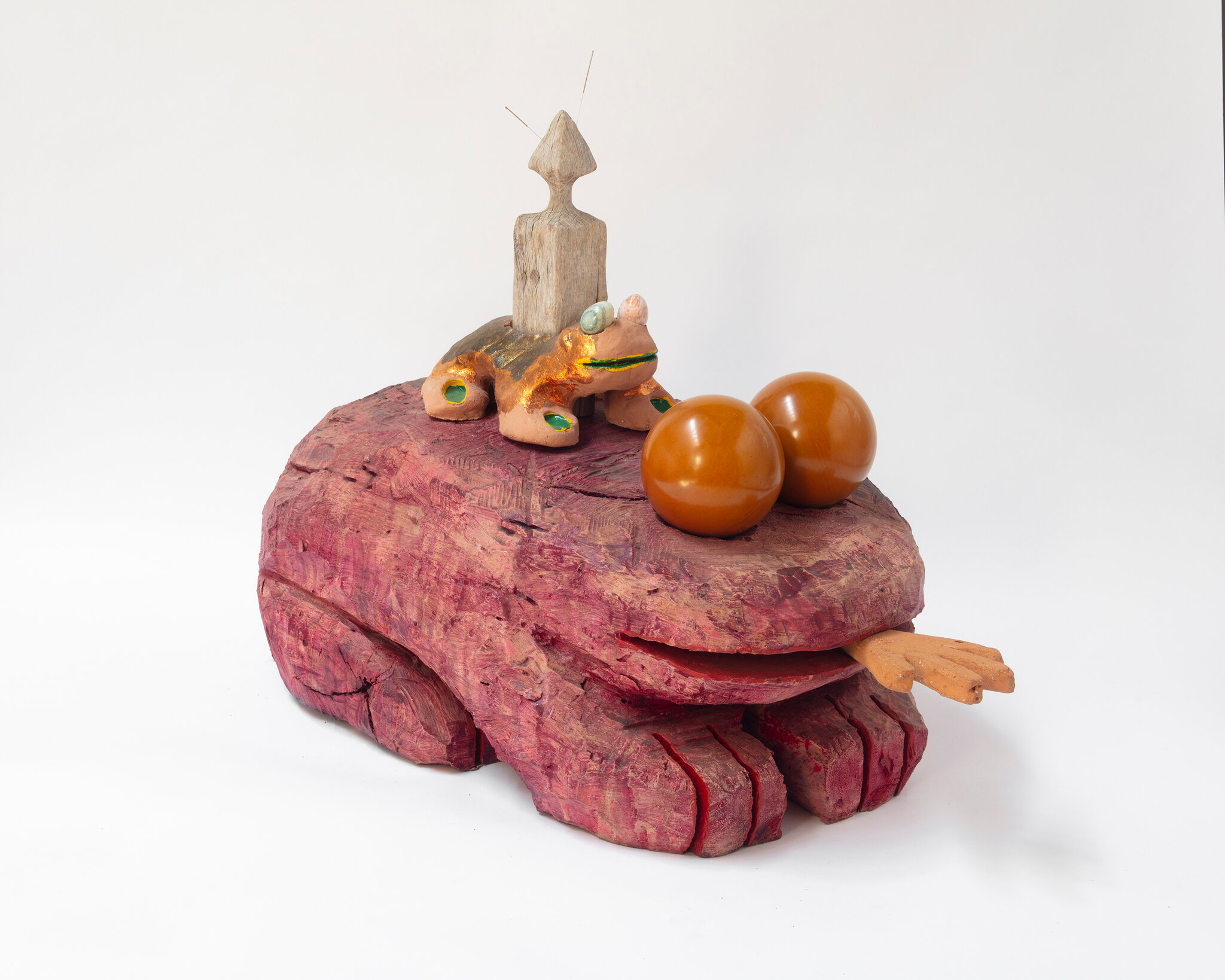 Ramiro Chaves Sapo Cochinilla, 2022 Unidentified reclaimed wood toad with various pigments. Small low-temperature ceramic toad with application of oxidized copper and silver leaf and various pigments. Stone eyes. Inlay of salified oak wood and acupuncture needles. Eyes of pigmented carob wood bowls. Low temperature ceramic tongue. 80 × 45 × 60 cm (31 ½ × 17 ¾ × 23 ⅝ inches)