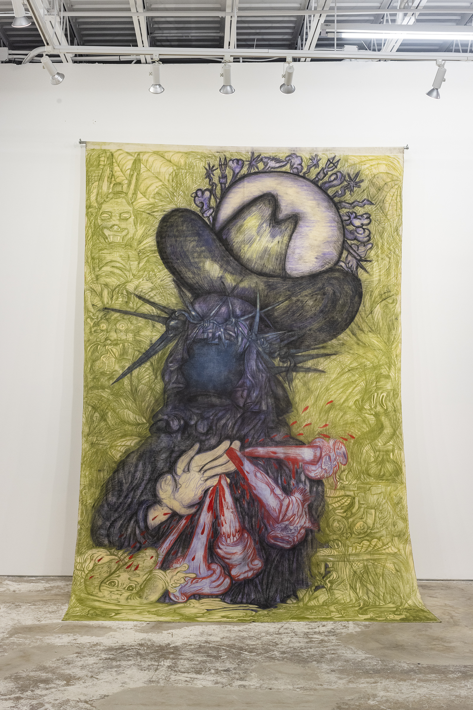 Paloma Contreras Lomas Ana María, llena eres de gracia, 2022 Graphite, charcoal and pastel stick on canvas 400 × 239 cm (157 ½ × 94 ⅛ inches)